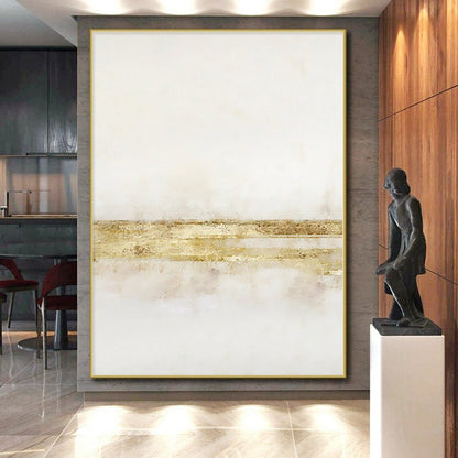 Hand-Painted White and Gold Abstract Minimalist Painting For Sale HS091