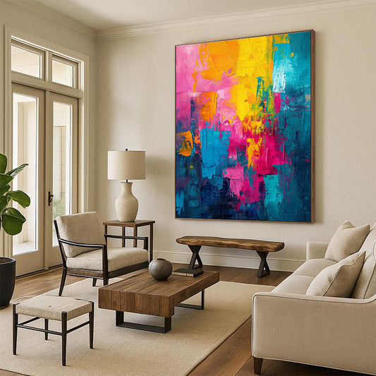Handmade Art Yellow, Pink, Teal, and Blue Abstract Art HS657