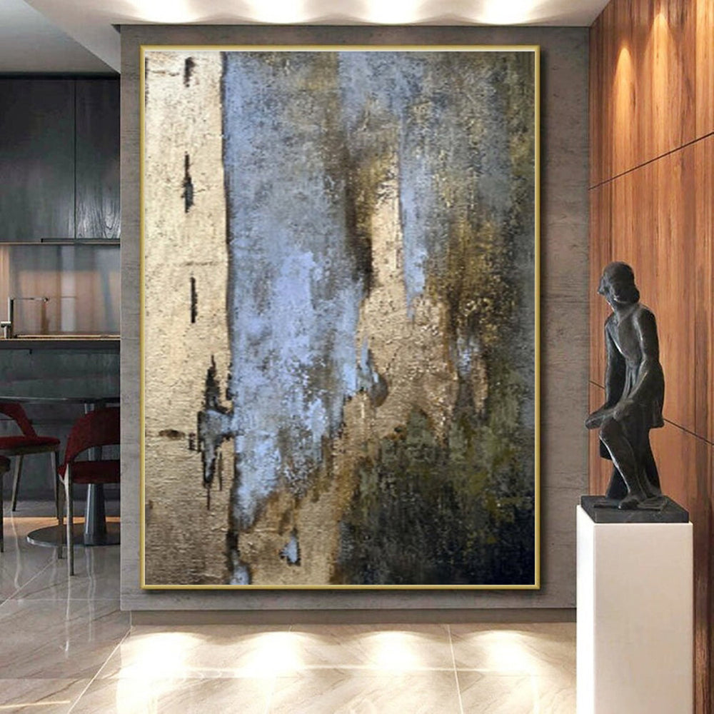 Large Contemporary Wall Art Neutral Tones with Blue and Gold Accents Abstract Art HS648