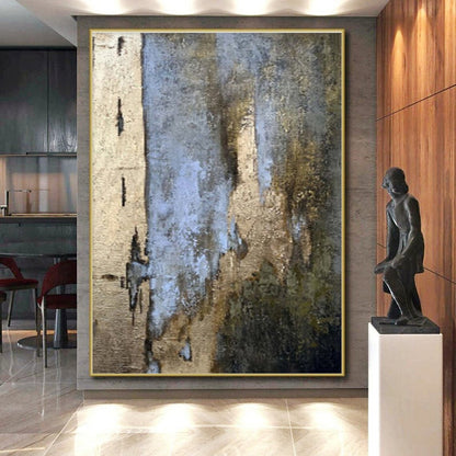 Large Contemporary Wall Art Neutral Tones with Blue and Gold Accents Abstract Art HS648