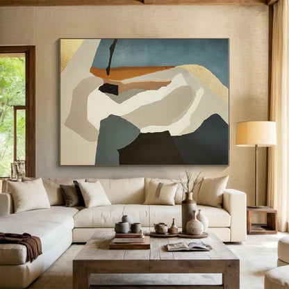 Minimalist Canvas Art Teal, Beige & Black Geometric Abstract, Handmade Art HS235