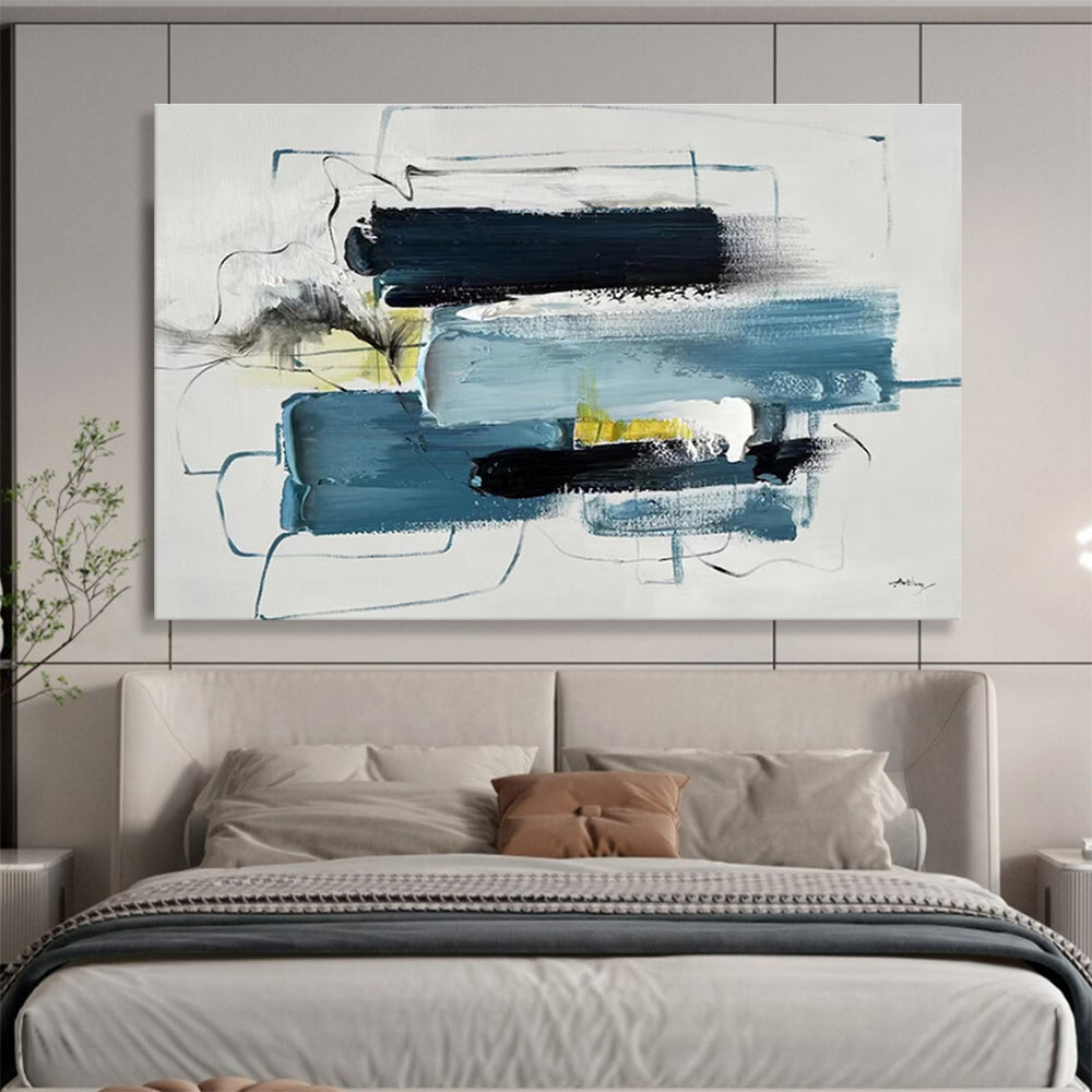 Modern Art Acrylic: Blue Black and Yellow Abstract Painting WB353