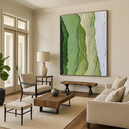 Hand-Painted Multicolor Green Abstract Textured Landscape Painting For Sale HS043