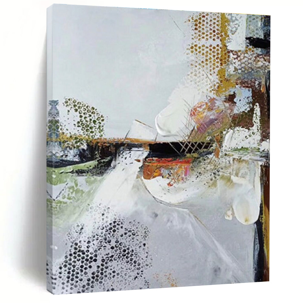 Hand-Painted White, Gold & Multicolor Textured Abstract, Large Painting In Living Room HS218