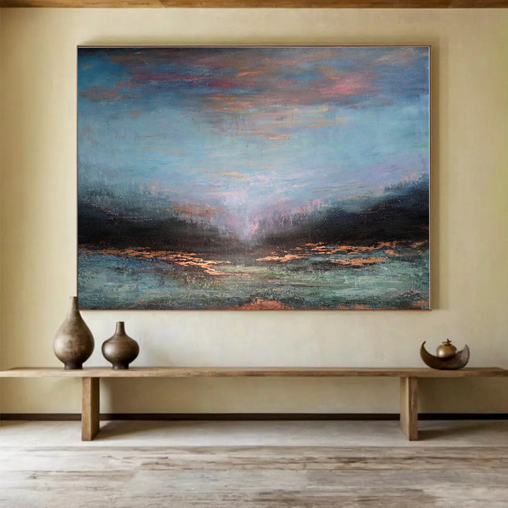 Big Size Blue, Pink and Bronze Abstract Landscape Painting WB141