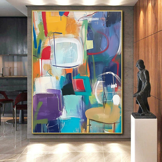 Large Contemporary Wall Art Multicolor Abstract Shape Painting For Sale HS152
