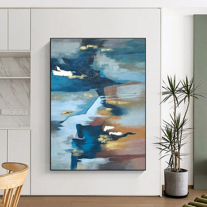 Large Contemporary Wall Art Blue, Brown, and Gold Abstract Composition HS652