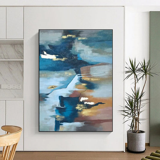 Large Contemporary Wall Art Blue, Brown, and Gold Abstract Composition HS652