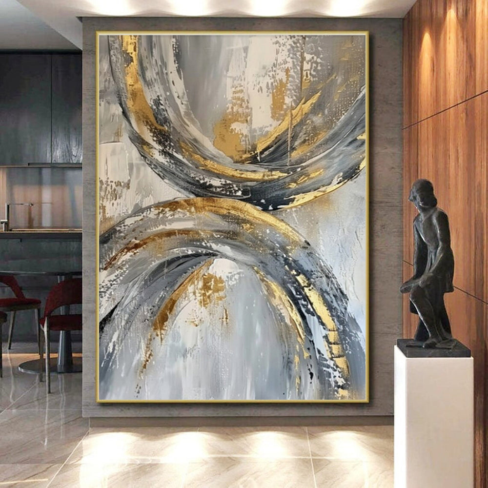 Cool Abstract Paintings Gold, Gray, and Black Circular Abstract Art HS737
