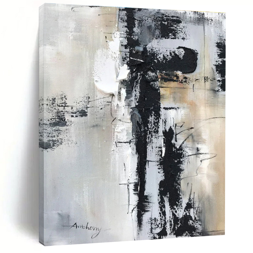 Large Contemporary Wall Art with Black, White, Gray and Beige Colors, Abstract Textured Theme HS469