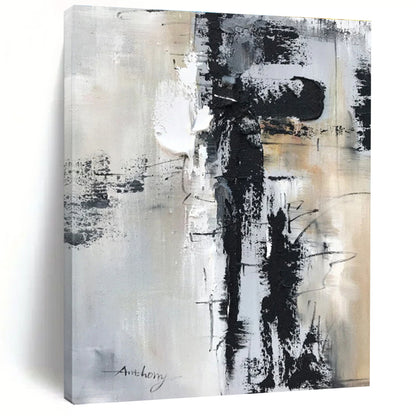 Large Contemporary Wall Art with Black, White, Gray and Beige Colors, Abstract Textured Theme HS469