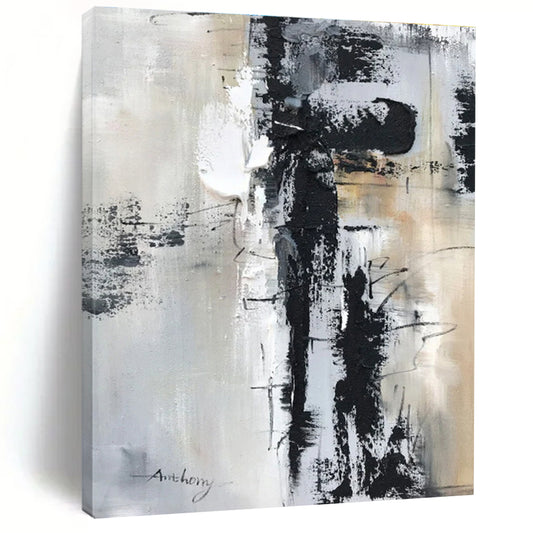 Large Contemporary Wall Art with Black, White, Gray and Beige Colors, Abstract Textured Theme HS469