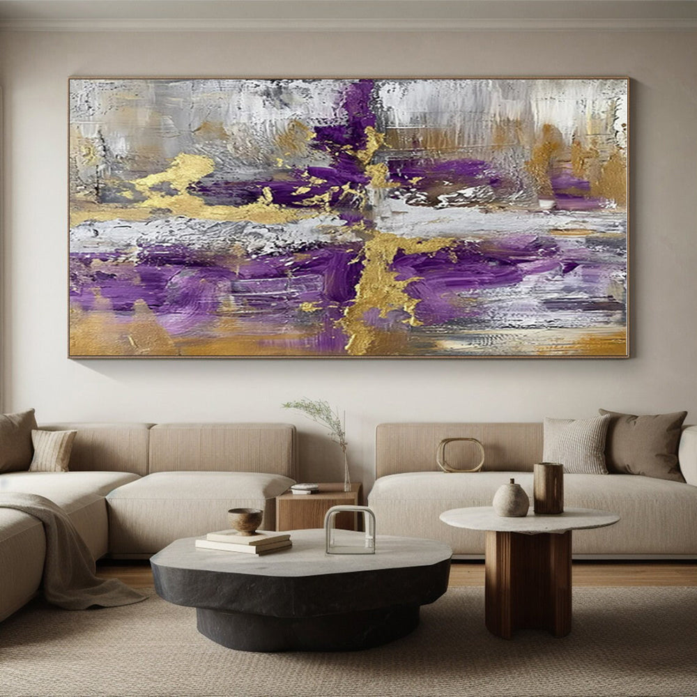 Modern Art Acrylic Purple, Gold, and Gray Abstract Composition HS593