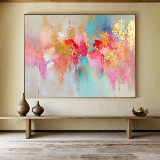 Hand Painted Art with Pink, Gold, Turquoise and Red Colors, Colorful Abstract Floral Theme WB302
