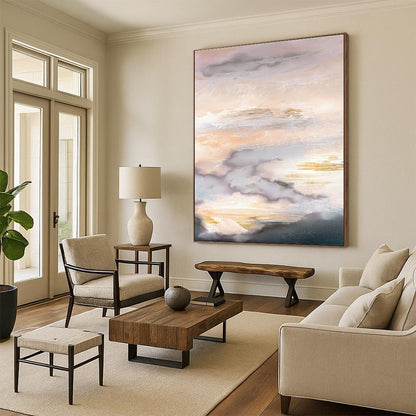 Hand-Painted Pink, Gold & Gray Cloudy Abstract, Acrylic Modern Art Painting HS241