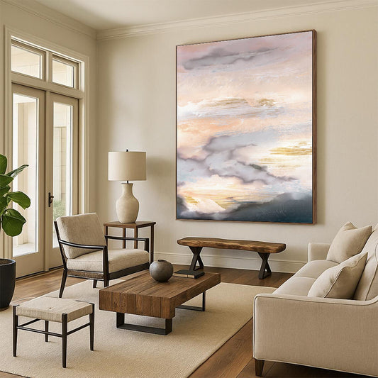 Hand-Painted Pink, Gold & Gray Cloudy Abstract, Acrylic Modern Art Painting HS241