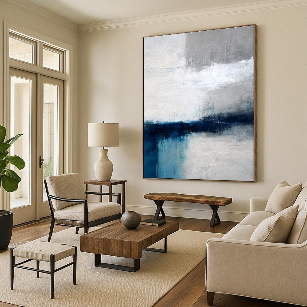 Modern Art Acrylic Blue, Gray, and White Abstract Landscape HS664