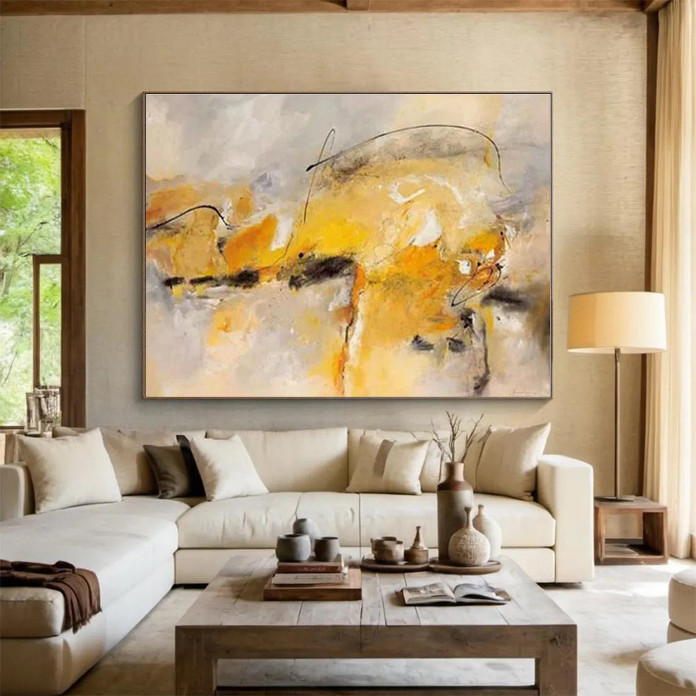 Huge Size Yellow, Gray and Black Abstract Expressionist Painting WB103