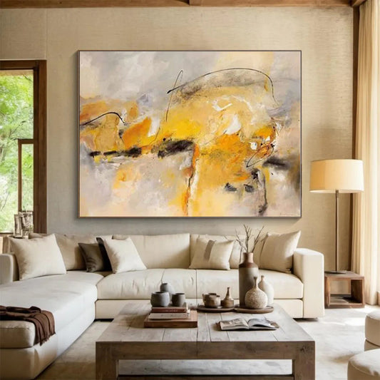 Huge Size Yellow, Gray and Black Abstract Expressionist Painting WB103