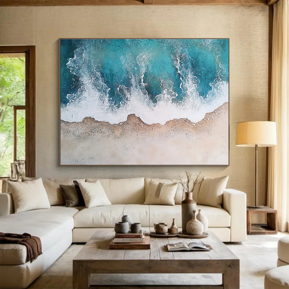 Big Size Teal, White, and Beige Textured Abstract Seashore - Acrylic Painting WB290