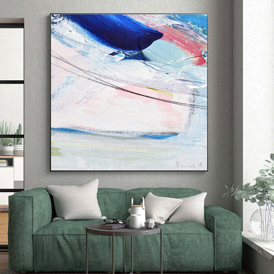 Hand Painted Art Blue, Pink & White Gestural Abstract, Large Painting In Living Room HS236