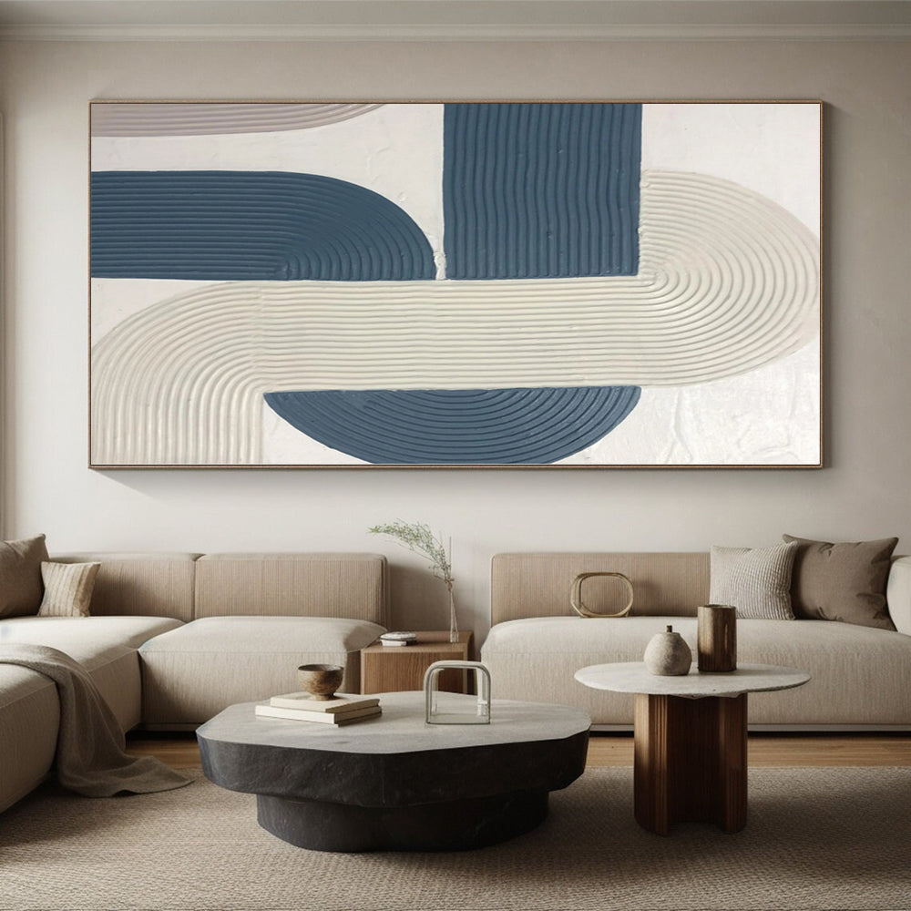 Hand-Painted Blue and Beige Abstract Curved Line Textured Painting For Sale HS029