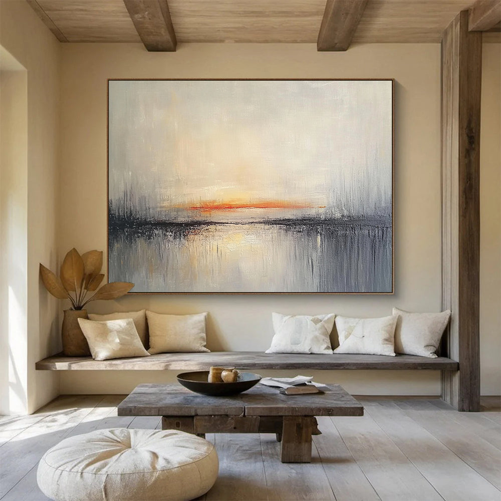 Big Size Gray, Orange, and White Abstract Sunset Over Water - Acrylic Painting WB272