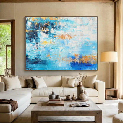 Hand-Painted Blue, Gold & White Textured Abstract, Acrylic Modern Art Painting HS281