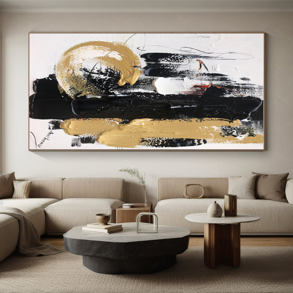 Acrylic Modern Art Paintings with Black, White, Gold and Beige Colors, Dynamic Abstract Theme HS474
