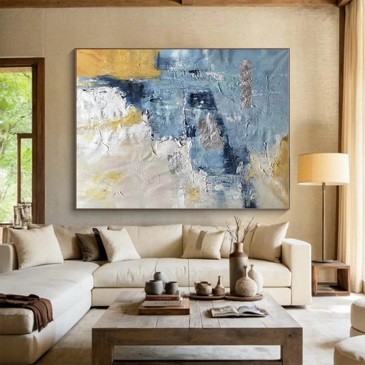 Hand-Painted Blue, Gold & Gray Textured Abstract, Modern Art Acrylic HS250