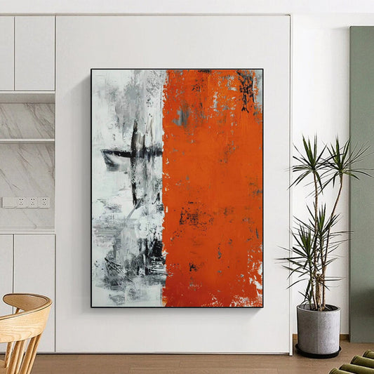 Hand Painting Orange, Black & White Textured Abstract Geometric Art HS402