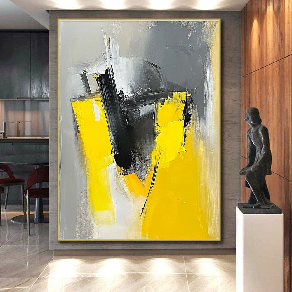 Large Size Yellow, Black, and Gray Abstract Expressive Painting For Sale HS142