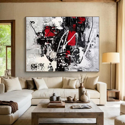 Hand-Painted Red, Black & White Gestural Abstract, Acrylic Modern Art Painting HS270