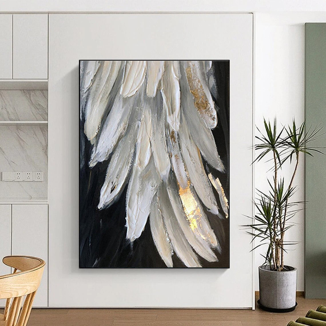 White and Gold Textured Feather Abstract Painting For Sale Online WS469