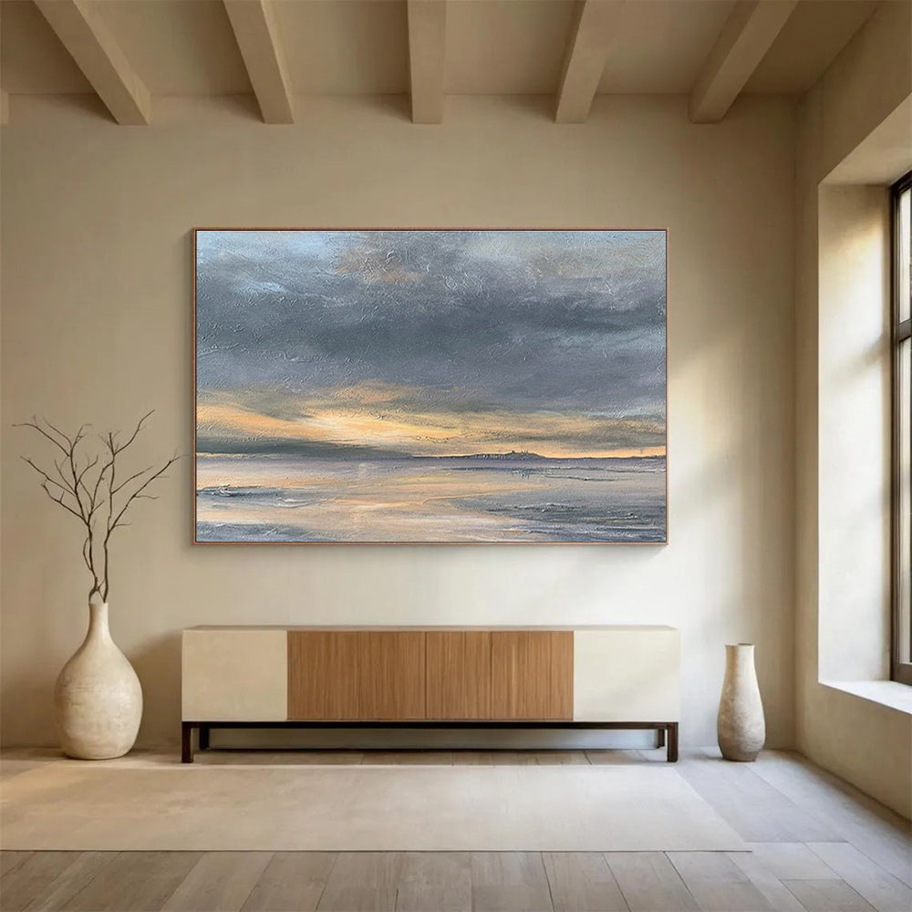 Horizontal Gray, Orange, and Multicolor Abstract Coastal Sunset, Abstract Oil Painting WB181