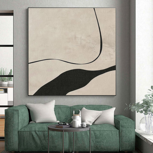 Handmade Art Black & Beige Line Abstract, Minimalist Canvas Art HS368