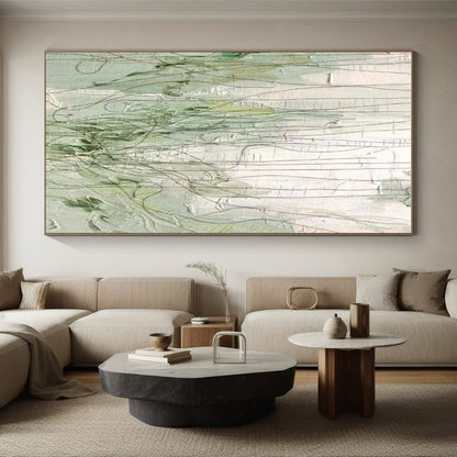 Unique Abstract Art Green & White Line Abstract, Large Contemporary Wall Art HS346