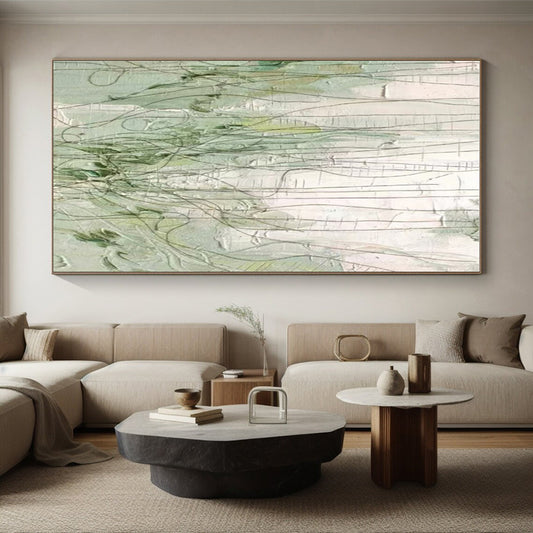 Unique Abstract Art Green & White Line Abstract, Large Contemporary Wall Art HS346