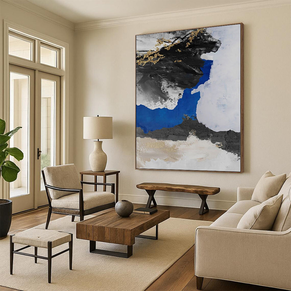 Hand-Painted Black, White, Blue, and Gold Abstract Textured Painting For Sale HS052