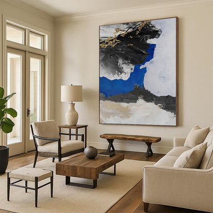 Hand-Painted Black, White, Blue, and Gold Abstract Textured Painting For Sale HS052