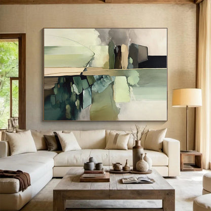 Hand Painted Art Earthy Greens and Neutrals Abstract Composition HS581