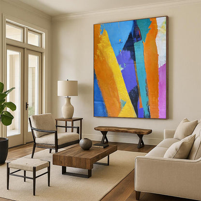 Hand-Painted Multicolor Abstract Geometric Shape Painting For Sale HS069