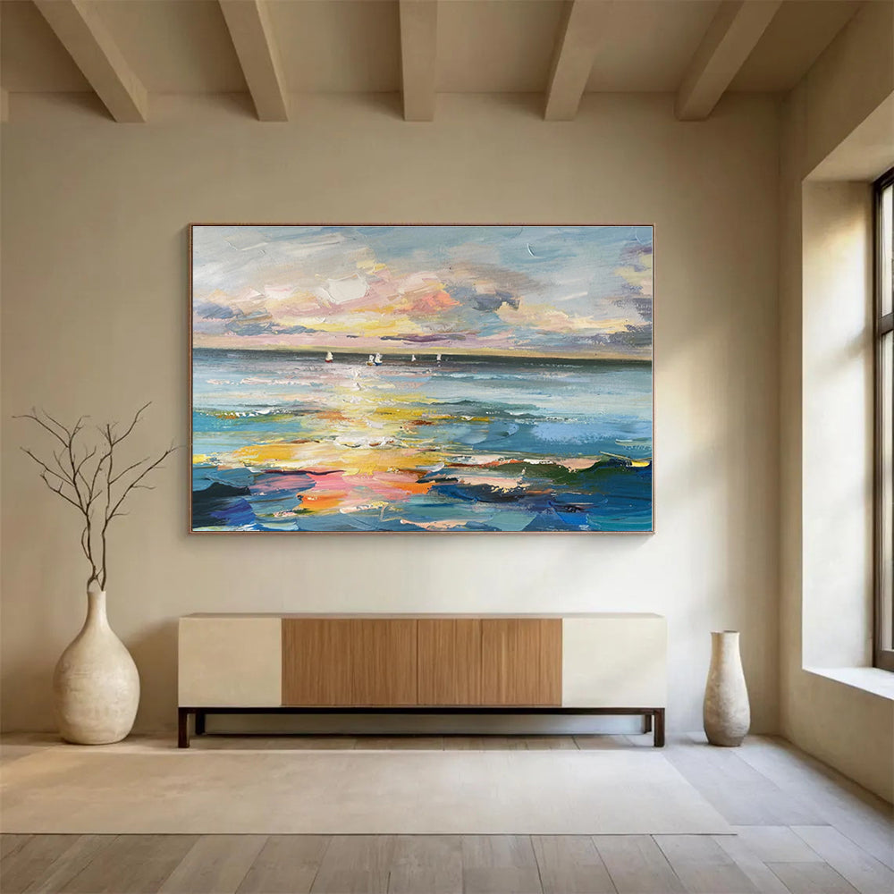 Blue, Pink, Yellow Abstract Seascape with Sailboats Acrylic Painting WB040