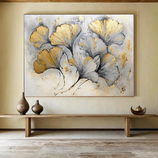 Hand Paintings with Gold, Gray and White Colors, Ginkgo Leaf Theme Abstract Art WB303