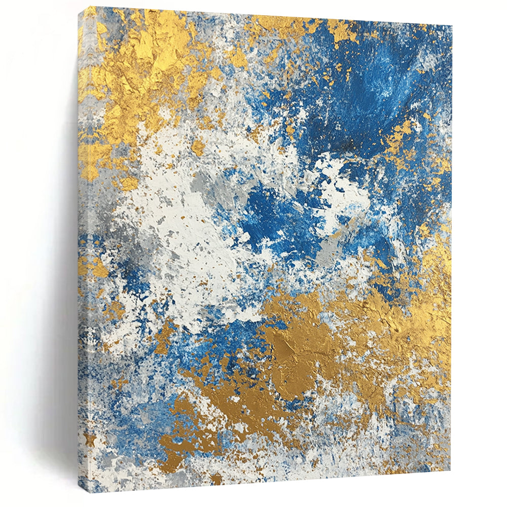 Huge Size Blue, White, and Gold Abstract Textured Painting For Sale HS117