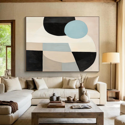 Handmade Art Beige, Black, and Blue Abstract Geometric Painting For Sale HS167