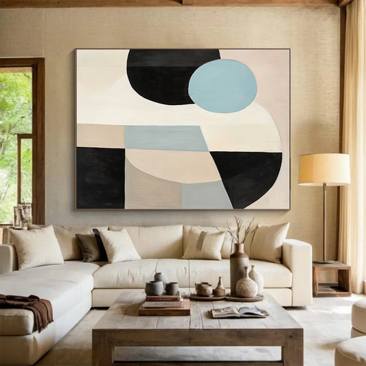 Handmade Art Beige, Black, and Blue Abstract Geometric Painting For Sale HS167