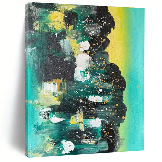 Handmade Art Teal, Black & Gold Speckled Abstract, Large Contemporary Wall Art HS212
