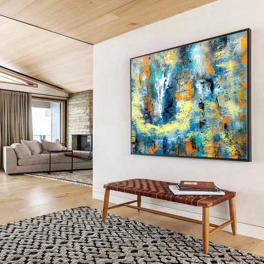 Extra Large Size Blue, Yellow, and Orange Abstract Splash Art, Abstract Acrylic Painting WB162