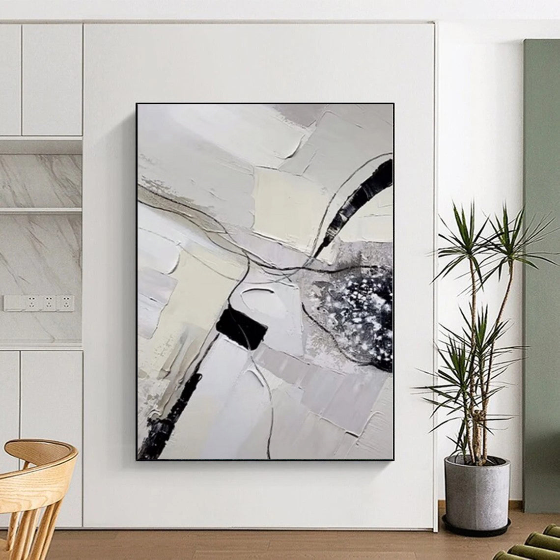 Hand-Painted Gray, White, and Black Abstract Textured Line Painting For Sale HS034